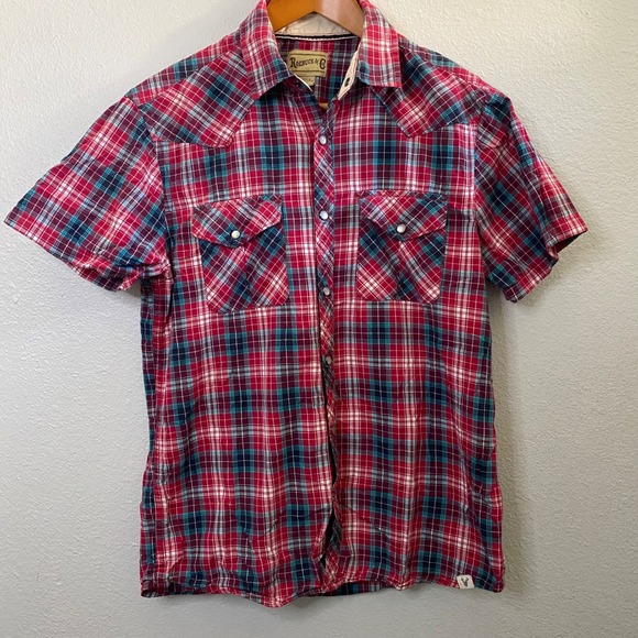 roebuck & co Tops - Roebuck & Co Womens Red Blue Plaid Western Snap Short Sleeve‎ Cotton Shirt S/C